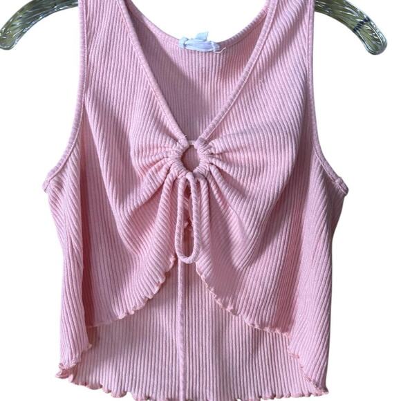 Pink Ribbed Crop Top - Ruched Front, Adjustable Tie, Lettuce Hem, Y2K Aesthetic - Picture 1 of 5